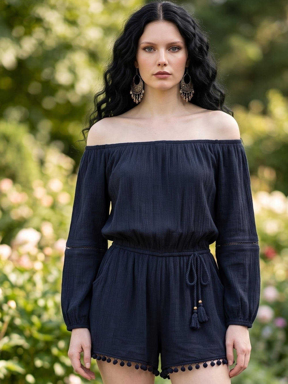 Mossimo Supply Co. Black Off-Shoulder Romper with Tassel Tie